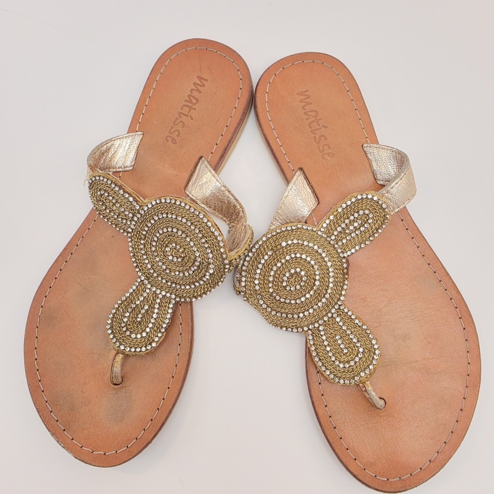 Matisse Gold Beaded Sandals Womens Size 6 Leather Thong Flat Embellished